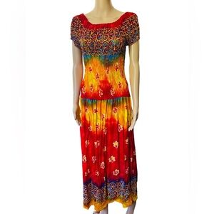 NEW Y2K Hippie Boho Eclectic Indie Tropical Floral Tie Dye Drop Waist Maxi Dress